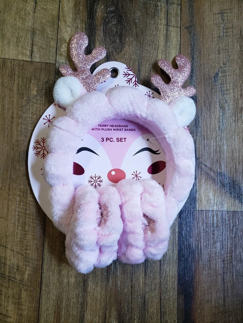 3 Piece Plush Pink Reindeer Headband & Wristband Spa  Set